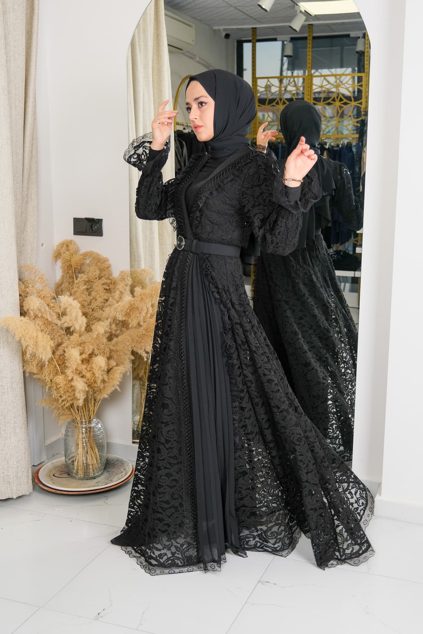 chinese dress ladies Kate Puff Sleeve Lace Dress-Black