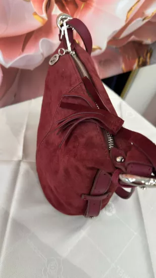 DSN-Bordo Süet Dokulu Püskül Detaylı El ve Omuz Çantası